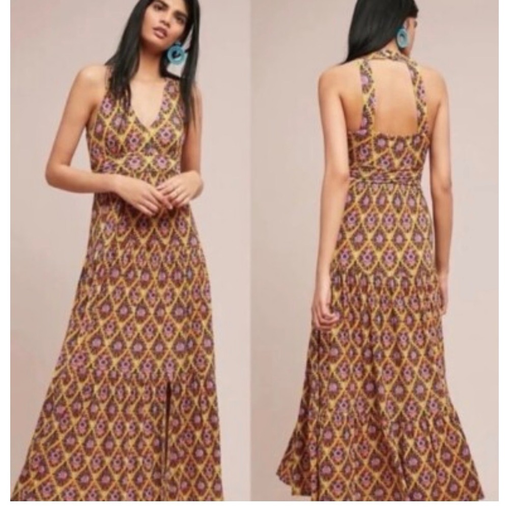 Anthro Maeve women's small Luella tiered maxi dress jersey abstract floral